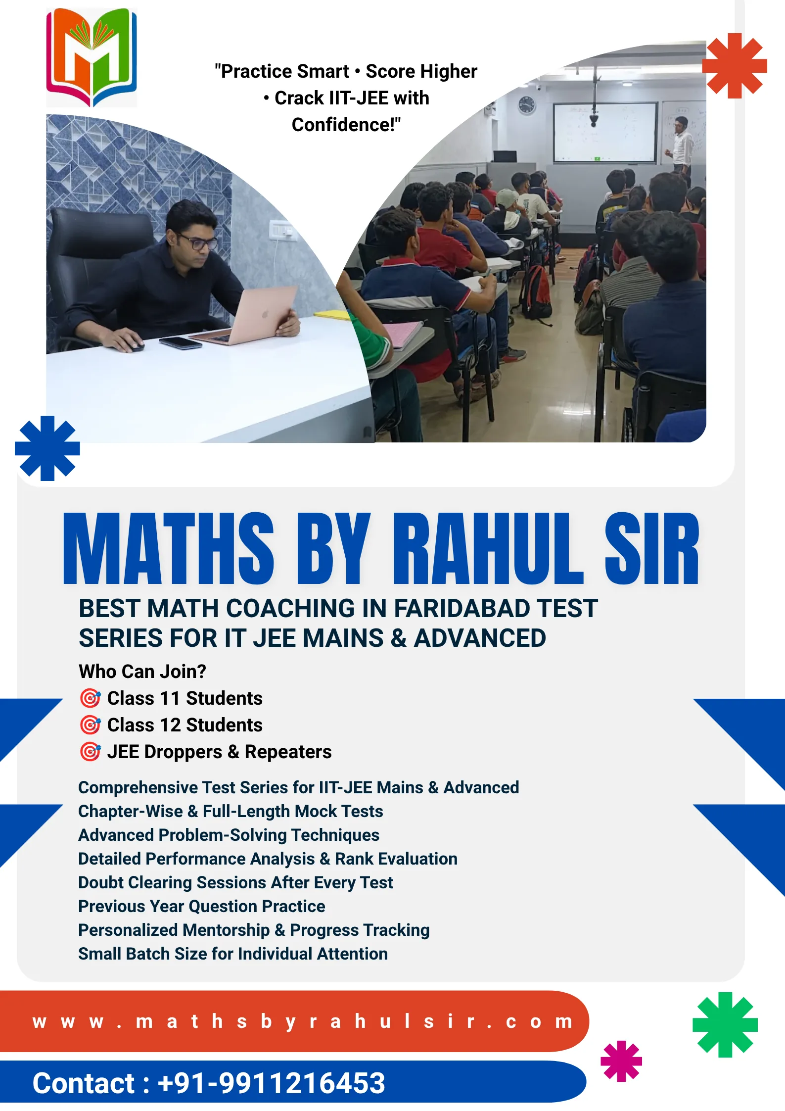 Maths By Rahul Sir promotional poster showing a teacher at his desk and a full maths class