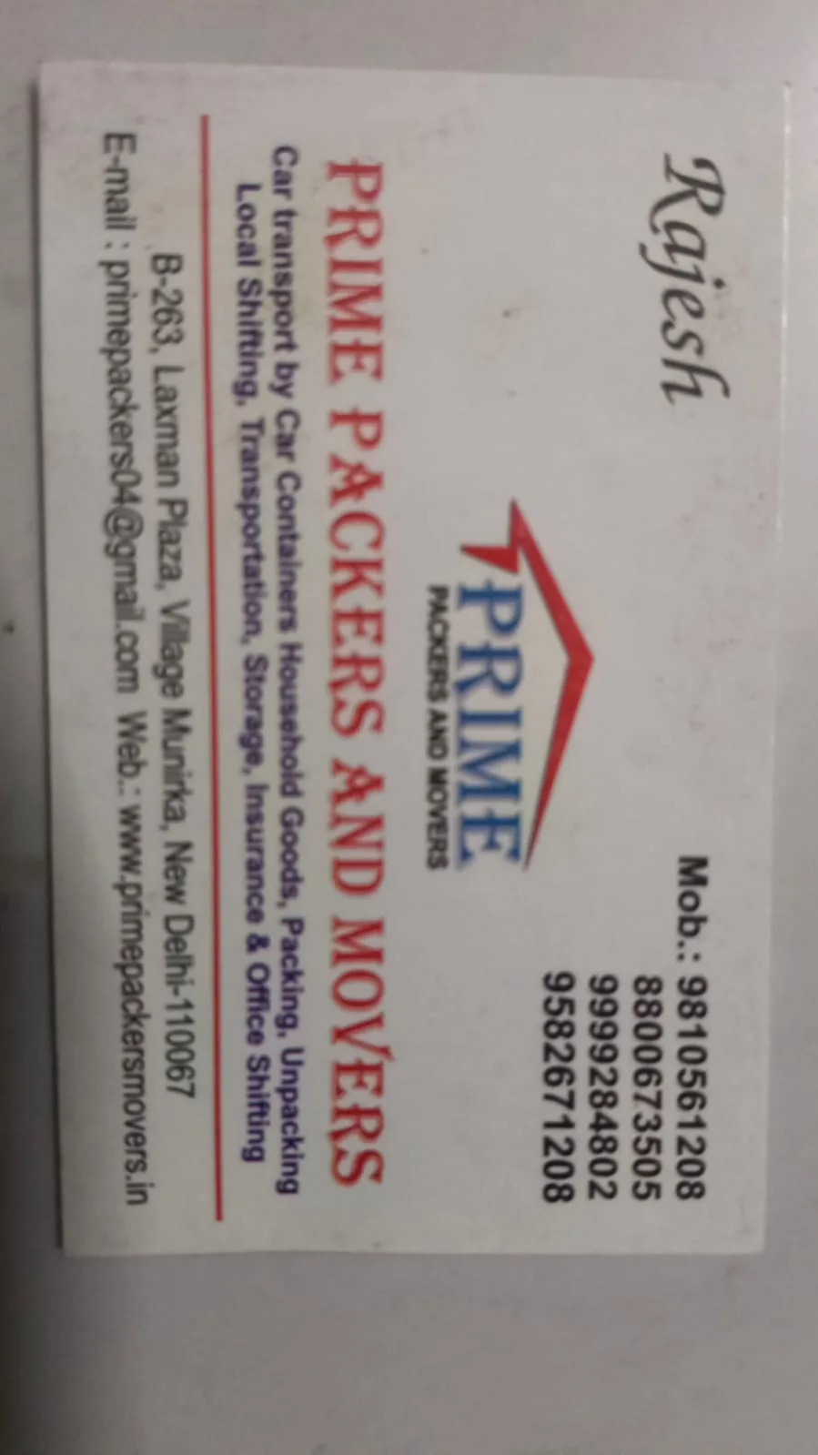 prime packers and movers in Munirka Village